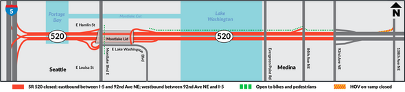 Map shows SR 520 highway closed across the lake in red lines with trail open in green dotted line