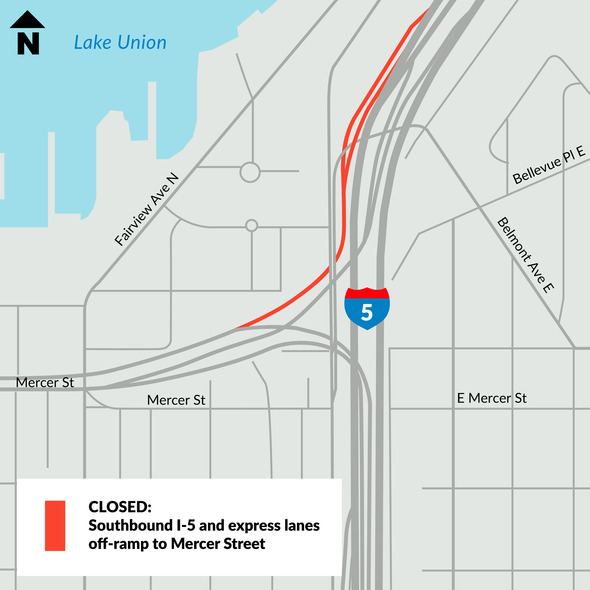 Photo shows a map of SB I-5 and express lanes off-ramp to mercer street closed in red with I-5 symbol