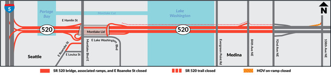 Full SR 520 closure map graphic shows closure routes in red for vehicular traffic and red dash for trail route with symbol key at bottom.