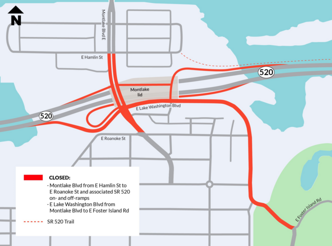 Map shows red closure solid (street/ramp closures) and dotted lines (trail closures) and legend with text at bottom. 