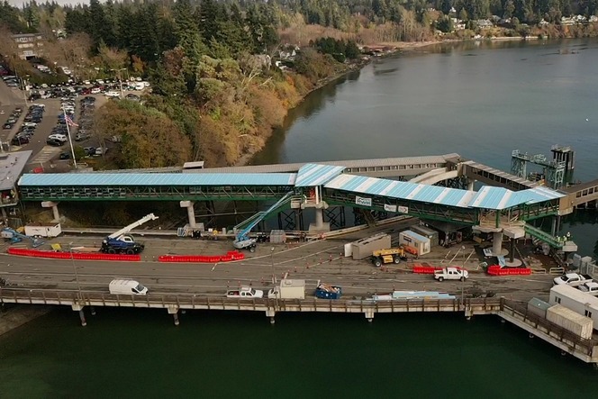 Aerial view of new walkway in progress at our Bainbridge Island ferry terminal with new roof installed. 