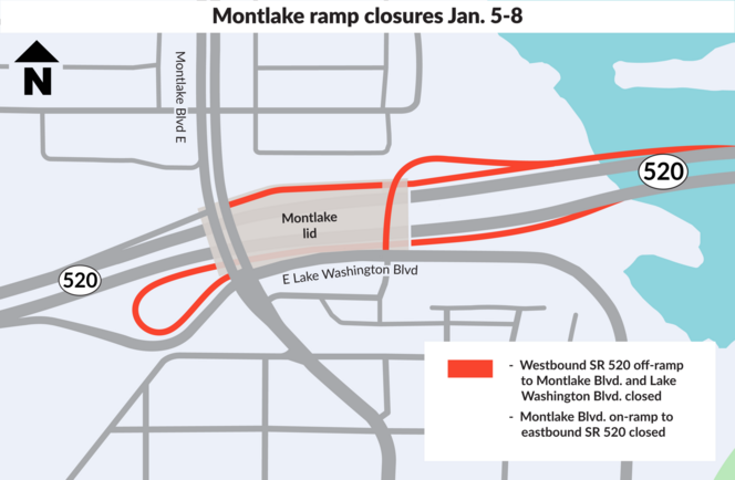 Map shows ramp closures in red at Montlake Blvd and a key at the bottom right with text