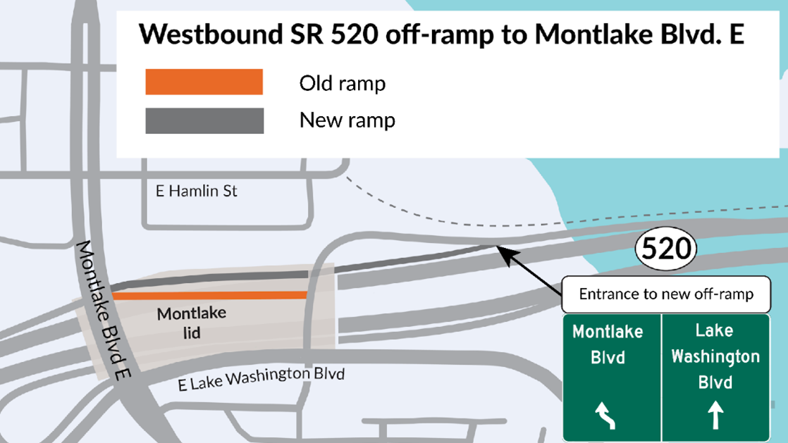Graphic shows new configuration for westbound offramp outlined in orange and grey on a map