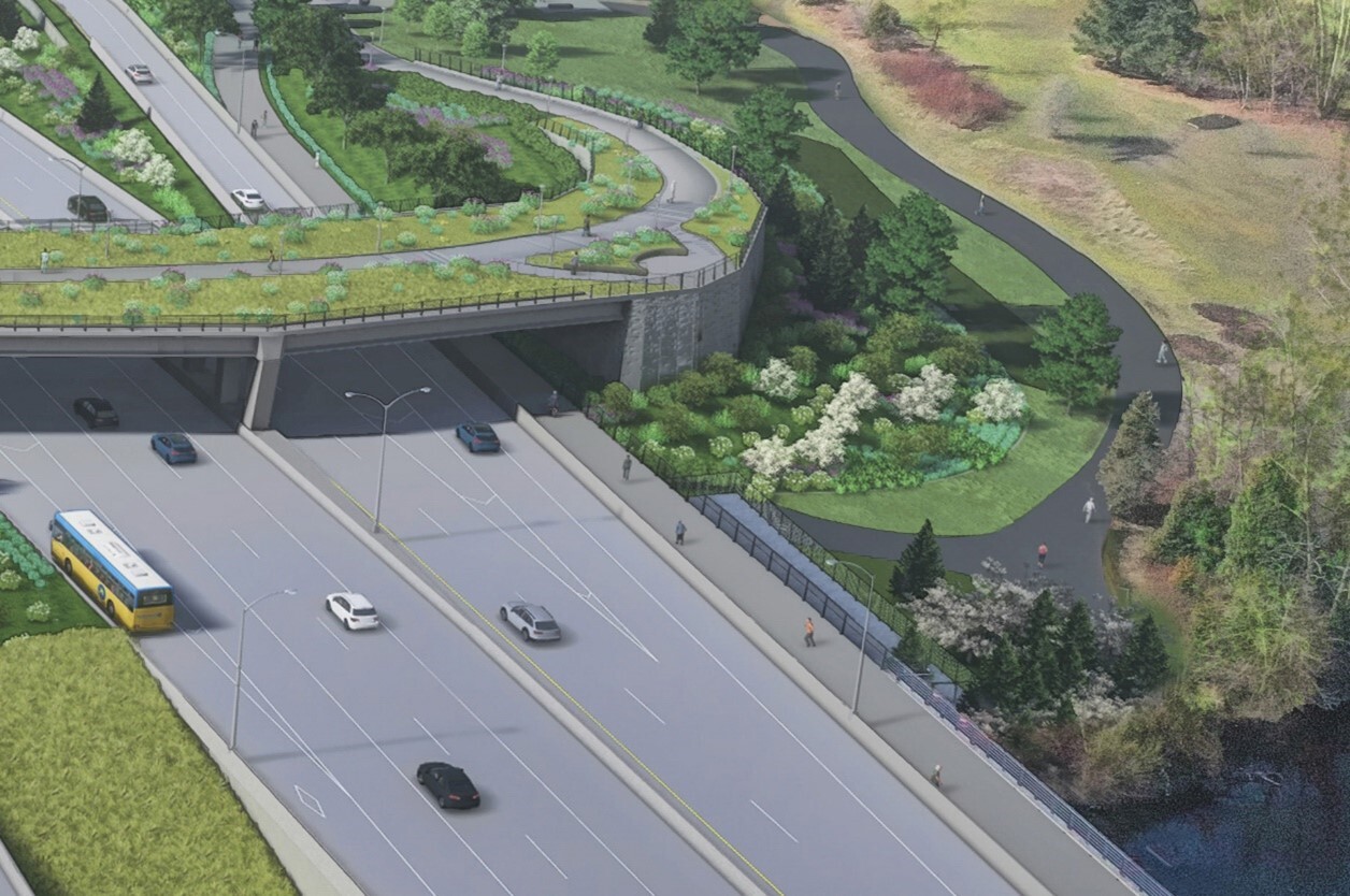 Bike and pedestrian trail visualization with connecting SR 520 highway and trail in the background