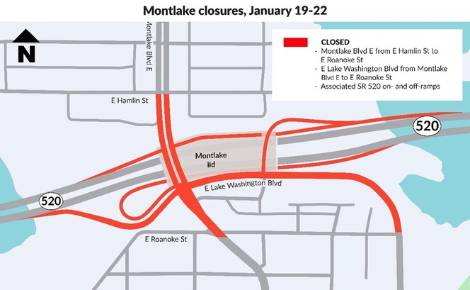 map shows Montlake Blvd and ramps closed in red with callout box on top left