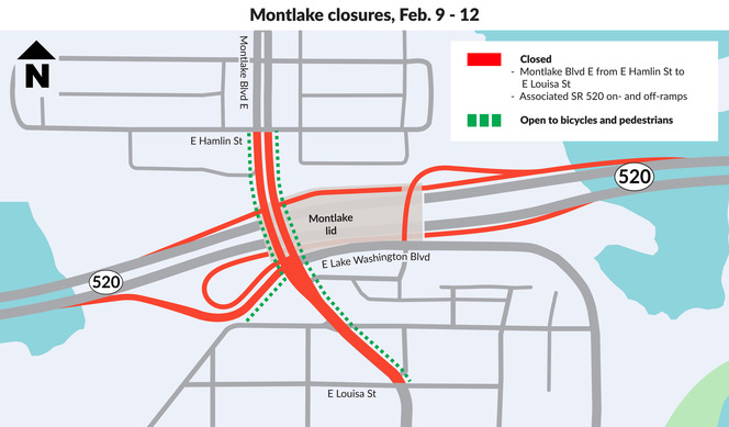 Map shows MOntlake Blvd with closure route in red and green dot for bike and pedestrian access.jpg