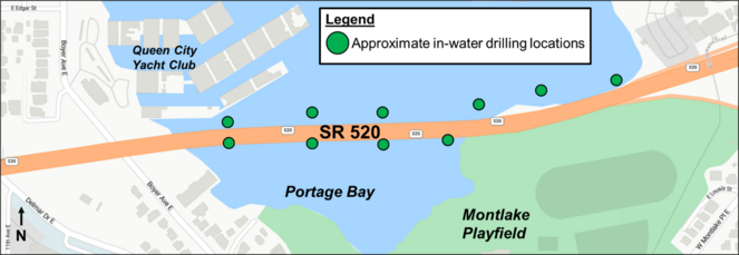 Graphic shows map of portage bay with green dots for in-water locations and a legend on bottom right