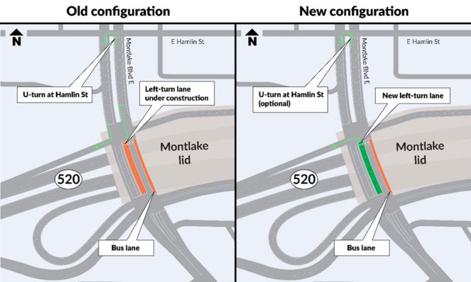 Map graphic shows left and right old and new map configurations for Montlake Blvd new turning lane in green for new and orange for old