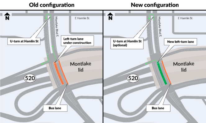Map graphic shows left and right old and new map configurations for Montlake Blvd new turning lane in green for new and orange for old.png