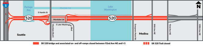 Graphic shows map of sr 520 corridor with red lines for closure limits and red dotted line for trail closed.png