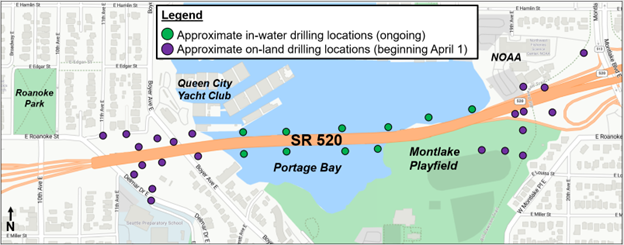 Graphic shows map of portage bay with green dots for in-water locations and on-land show in purple dot locations