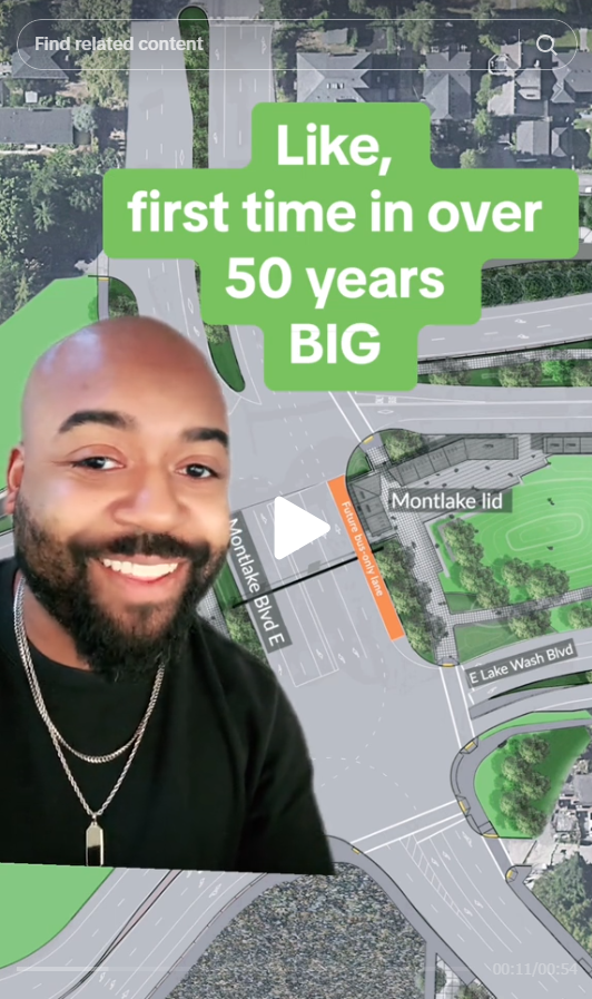 Screengrab of TikTok about new turning lanes with a map in the background and man wearing a black shirt in the foreground..PNG