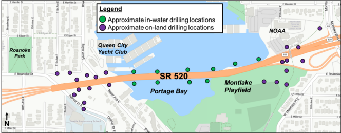 4524-Graphic shows a map of portage bay with green dots for in-water locations and on-land show in purple dot locations.png