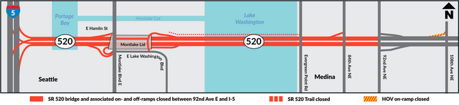Graphic shows map of sr 520 corridor with red lines for closure limits and red dotted line for trail closure.png