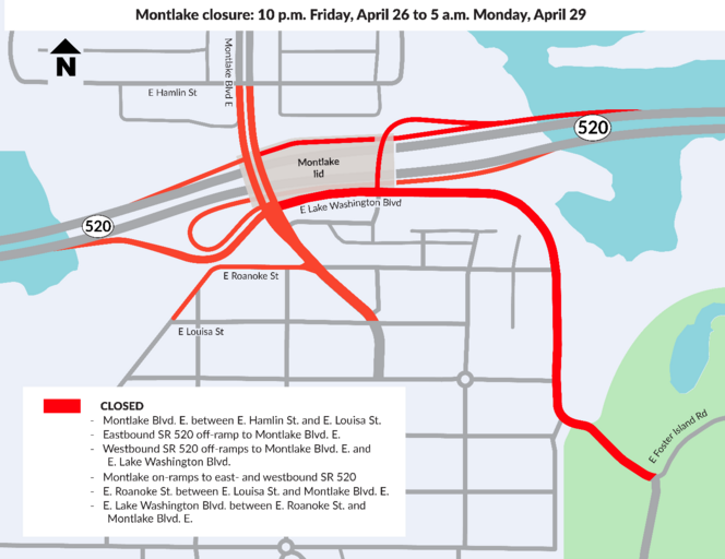 Graphic shows map of Montlake Blvd with red lines for closure limits and text boxon bottom left with legend.png