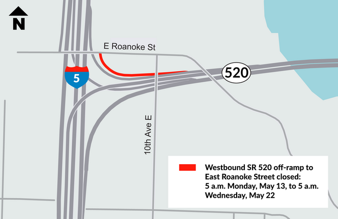 Graphic shows map of I-5 and SR 520 corridor wih red lines for closure of off-ramp and legend.png