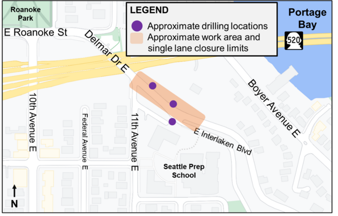 Graphic shows a map of Portage Bay and Delmar with single lane closure in red and legend box with text