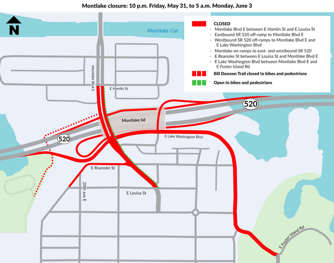 Map shows montlake blvd closure map with grey and blue background and closure route in red with text legend at top right