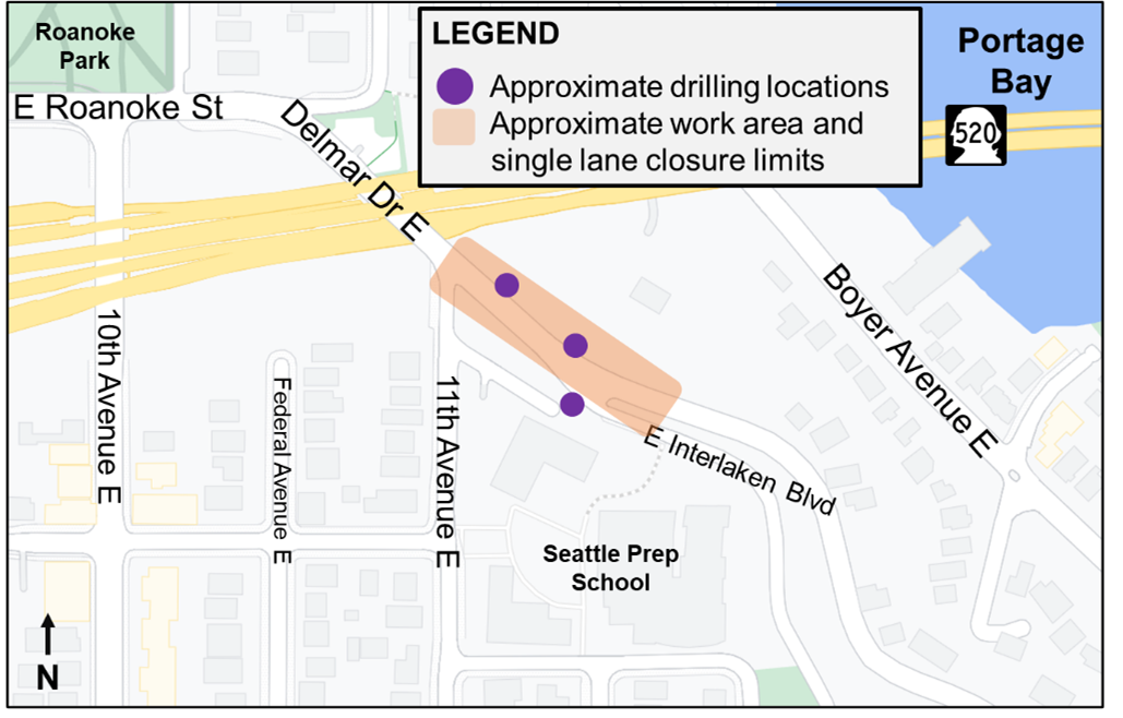 Graphic shows a map of Portage Bay and Delmar with single lane closure in red and legend box with text at top