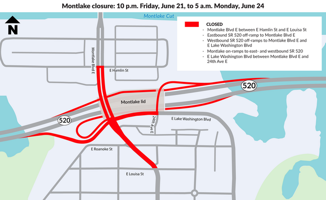 Map showing Montlake closure Closed sections Montlake Blvd between E Hamlin St and E Louisa St SR 520 off-ramps to Montlake Blvd, and westbound SR 520