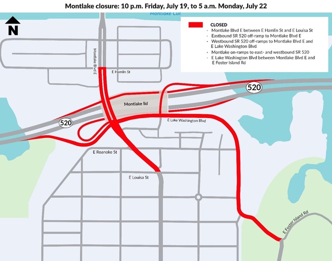 Graphic shows map of Montlake with red closure routes and text legend on top left and top