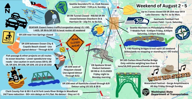 Paint map shows events and major construction across Washington State the weekend of Aug. 2 to 4.