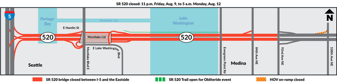 Map showing red lines for full sr 520 closure, dotted green line for open trail and striped orange and red for hov closure.png