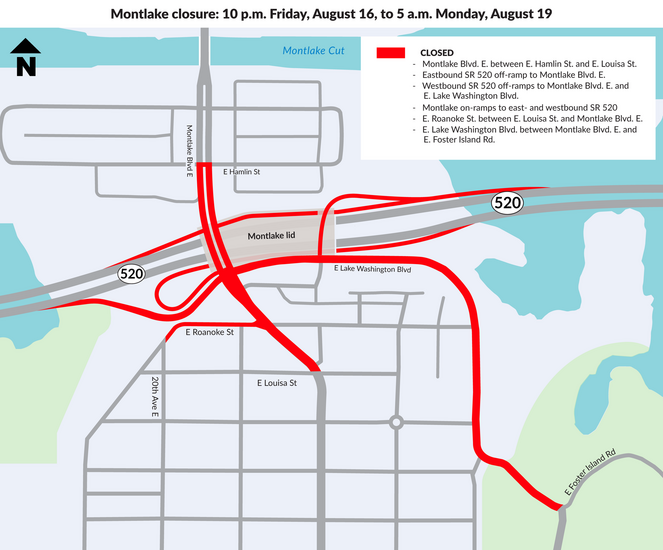 Graphic shows map of Montlake Blvd with red lines for closure limits and text boxon the top right with legend.png