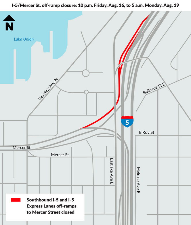 Graphic shows map of I-5 and mercer off-ramp closure in red with blue, grey and white background