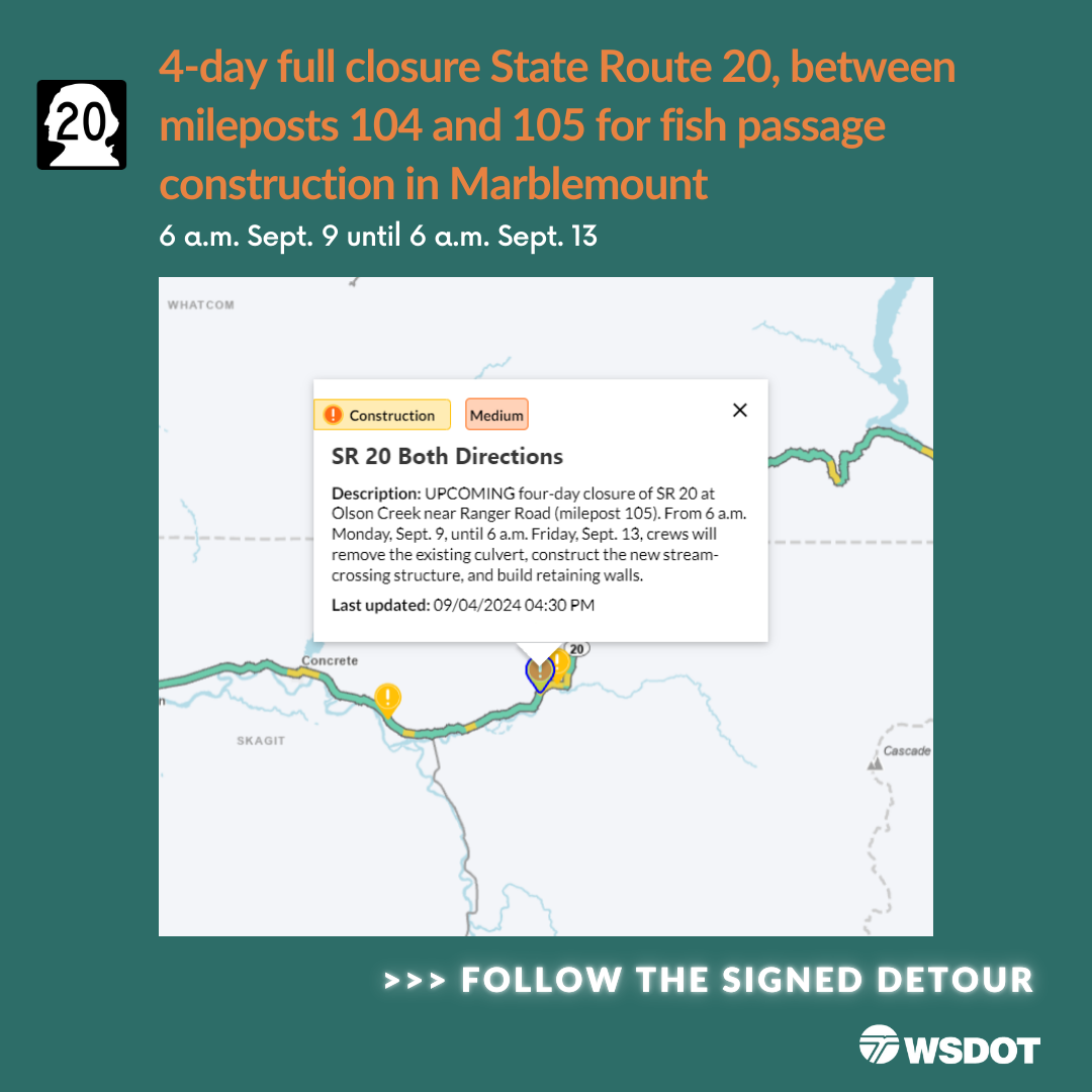 4-day closure on SR 20 Olson Creek