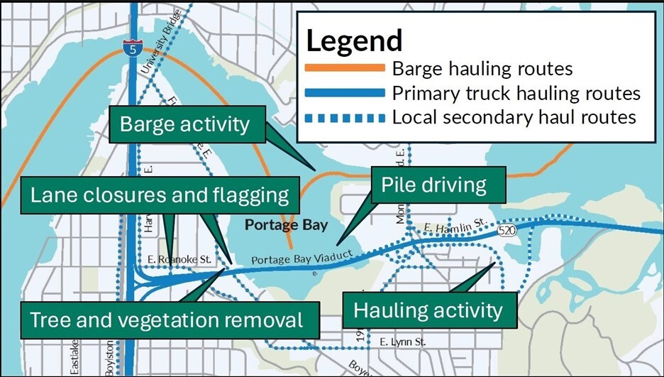 Graphic shows a map of contruction activities with green label callouts 