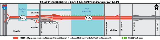 Dec. 2-5 - Graphic shows map of SR 520 closures in red across Lake Washington with text at top and legend at bottom