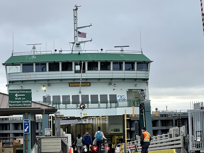 Kennewick waits docked at Port Townsend while ferry passengers load