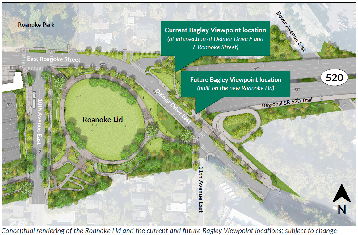 Graphic shows a rendering of the Bagley Viewpoint and its closure in various shades of green