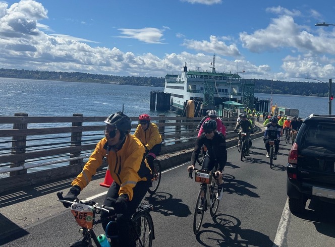 Cyclists in a race ride along a road leaving a ferry dock