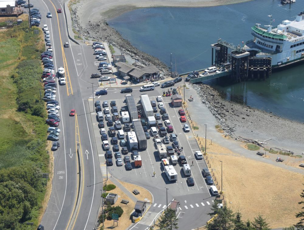 Aerial view of Coupeville terminal with vehicles lined up waiting to board a docked ferry