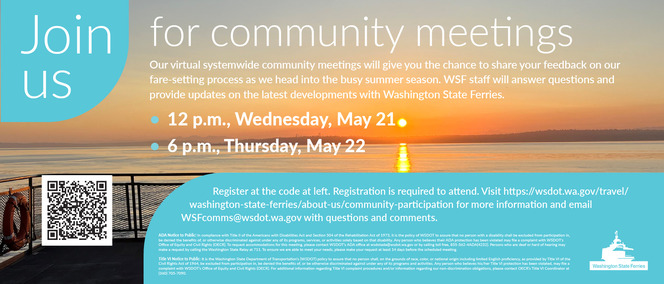 Flyer for community meetings with sunset and ferry background, featuring meeting details and QR code