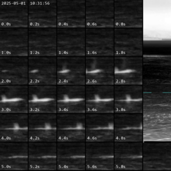 Grayscale thermal image sequence in a grid with timestamps from 0s to 5.8s, and a detailed thermal image on the right.