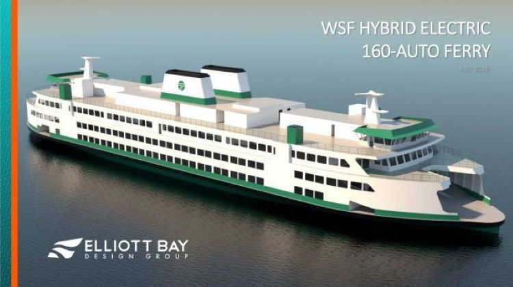 Rendering of a WSF hybrid electric 160-auto ferry on calm water with the Elliott Bay Design Group logo.