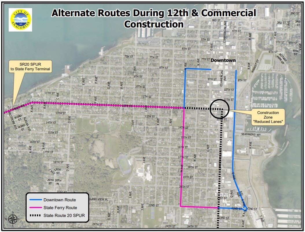 Map showing alternate routes during construction in Anacortes with highlighted downtown and ferry routes.