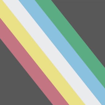 A flag with diagonal stripes in dark gray, red, yellow, white, light blue, and green.