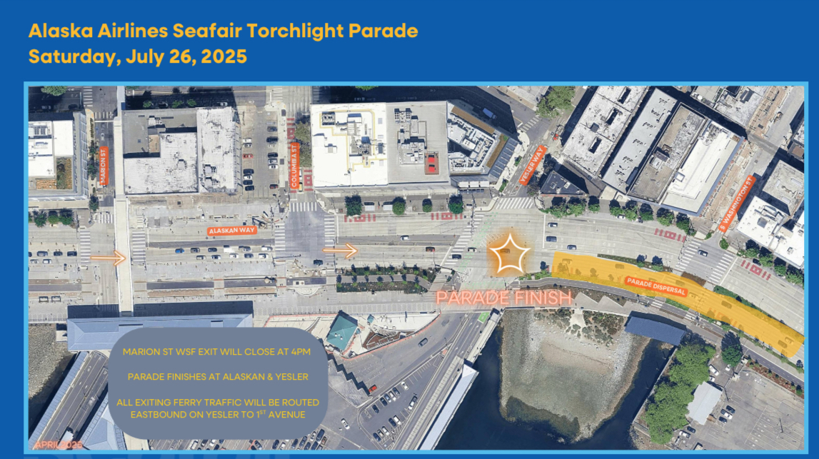 Aerial map showing the Alaska Airlines Seafair Torchlight Parade route with key locations and the finish line marked.