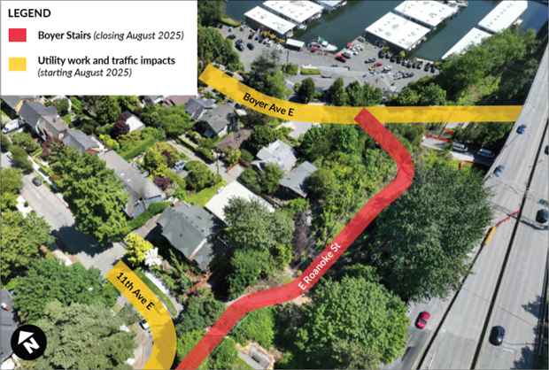 Photo shows aerial photo of Boyer Ave and stairs with a map and legend overlay