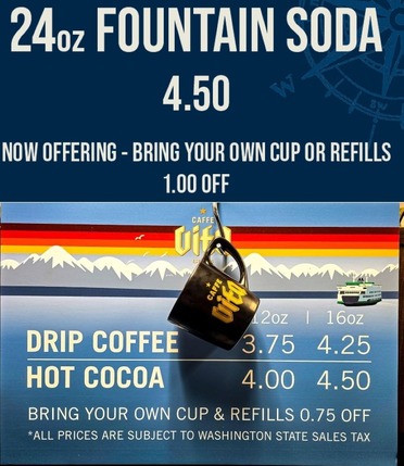 Image showing a fountain soda price list, a scenic illustration with a Caffe Vita mug, and prices for coffee and hot cocoa.