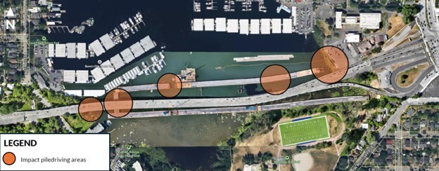 Overhead snip of Portage Bay with orange impact piledriving areas outlined