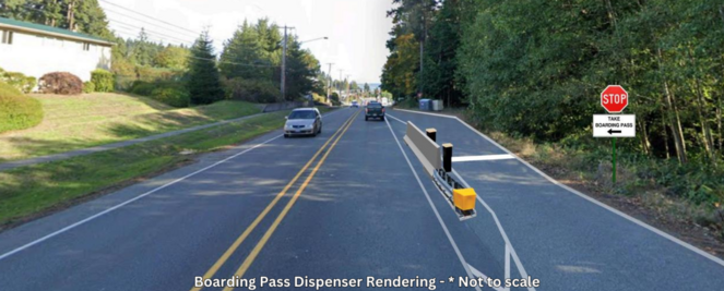 Street with a stop sign reading "Take Boarding Pass" and a 3D-rendered boarding pass dispenser on the right lane.