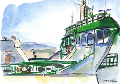 Watercolor painting of a green and white ferry with a bird perched on it, set against a hilly landscape and blue sky.