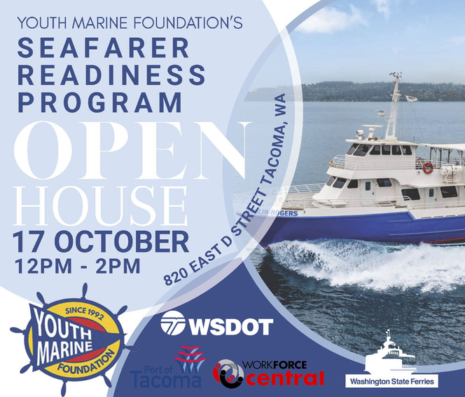 Advertisement for Youth Marine Foundation's Seafarer Readiness Program Open House with a ferry on the water and sponsor logos.