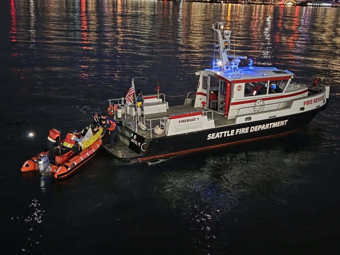 Fireboat and rescue vessel conducting nighttime rescue operation on water.