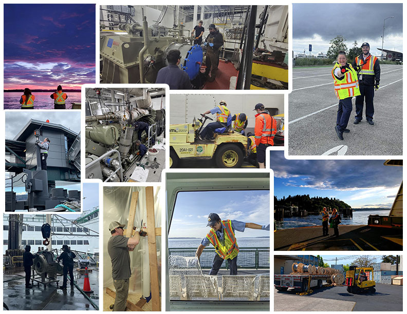 A collage of various industrial and maritime scenes, including workers in safety gear, machinery, and a sunset over water.